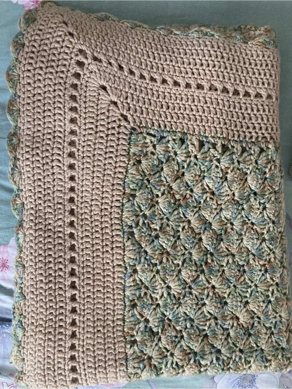 Handmade Crochet Throw Blanket - Sage Green & Cream, Textured Stitching 62”x40”